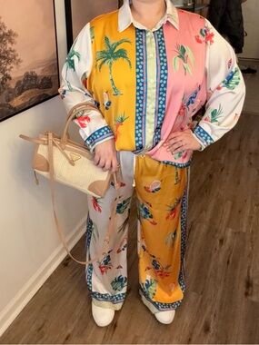 Plus Tropical Matching Set | Button Down Top 3X + Wide Leg Pants 2X